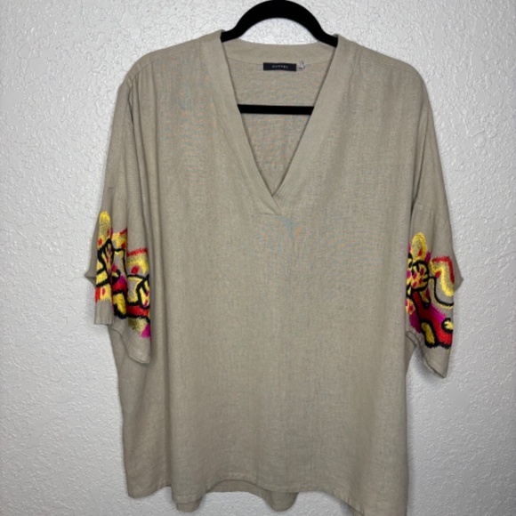 Natori Beige Tan Embroidery Linen V-Neck Dolman Sleeve Tunic Top Women's Size L - Picture 5 of 17